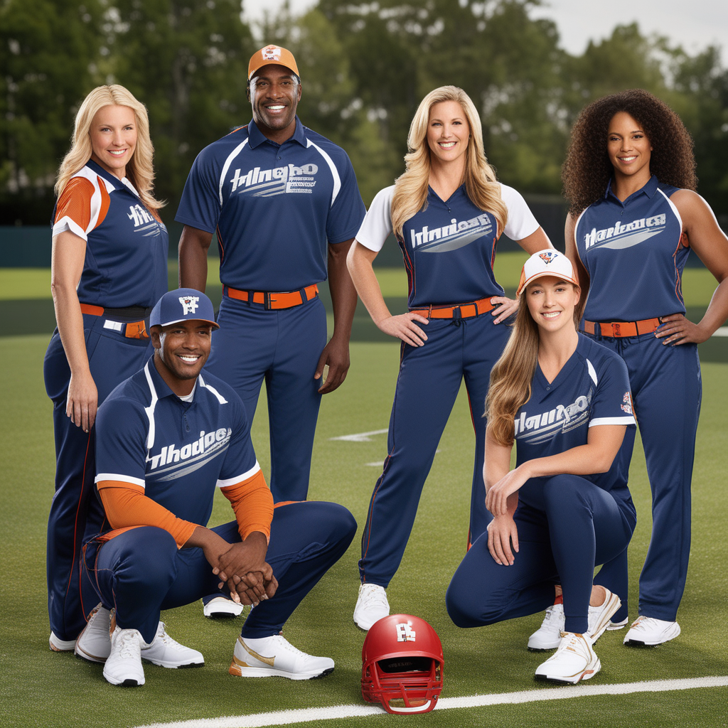 Happy athletic team wearing custom branded uniforms and gear, showcasing professional quality custom sports apparel