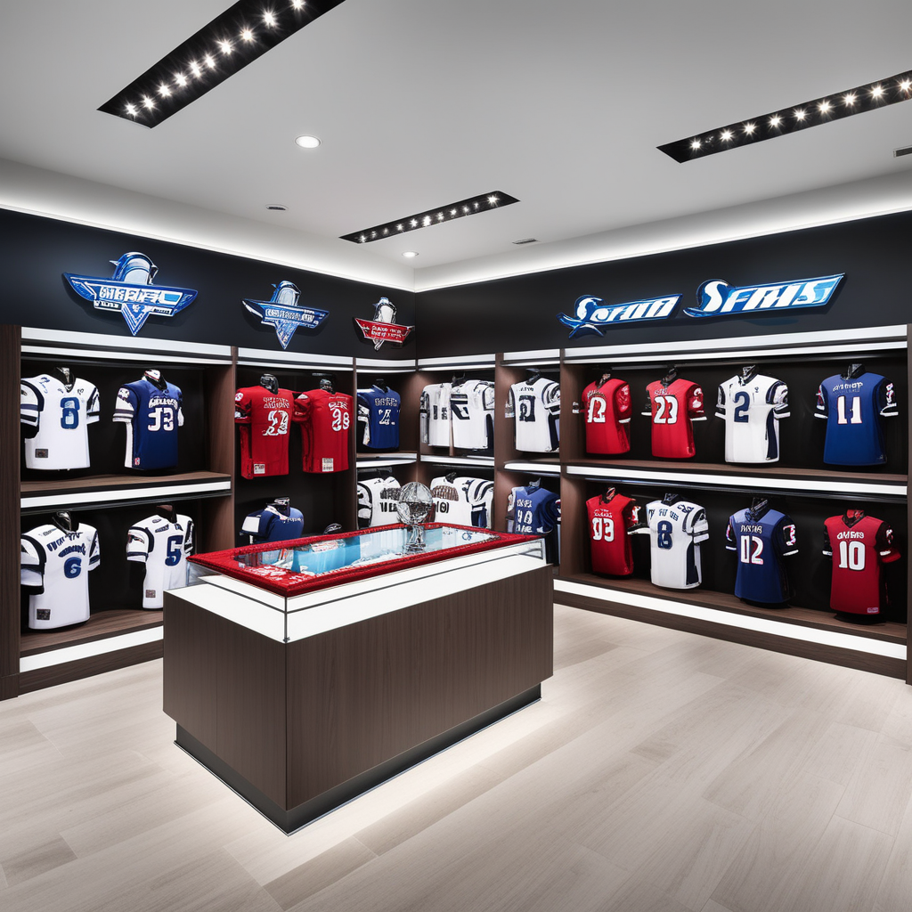 Professional retail display of custom tailored uniforms and athletic apparel with perfect fitting